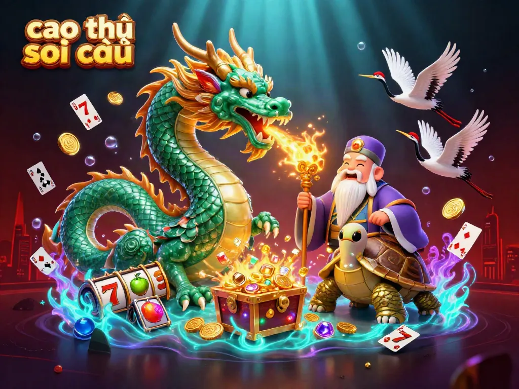 Cao thủ soi cầu showcases expert strategies with vibrant dragons and golden treasures in a visually rich casino scene.