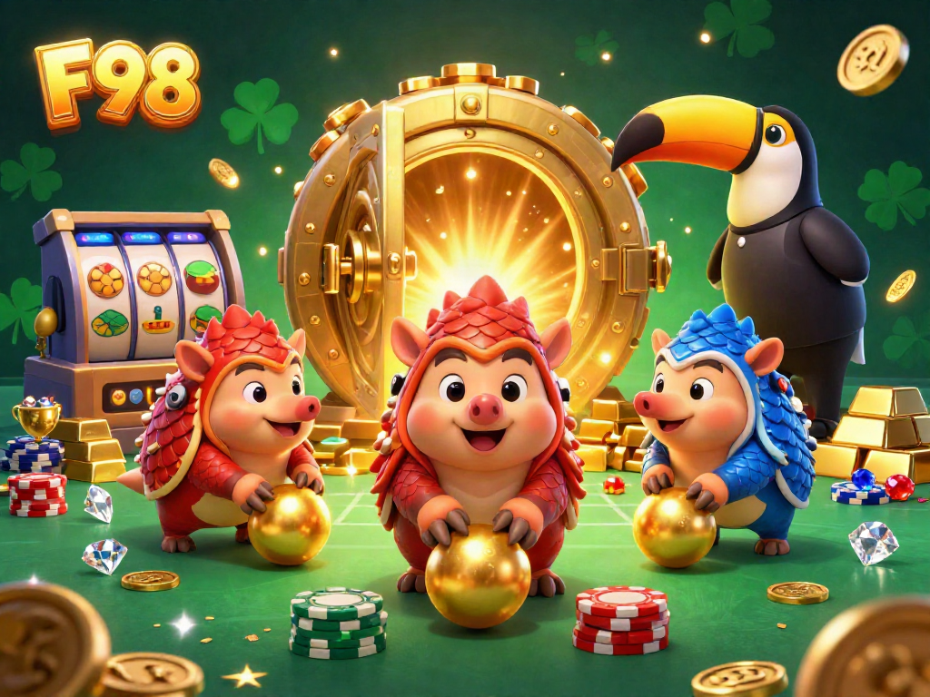 F98 pangolins competing in a vibrant gambling scene with gold and poker elements.