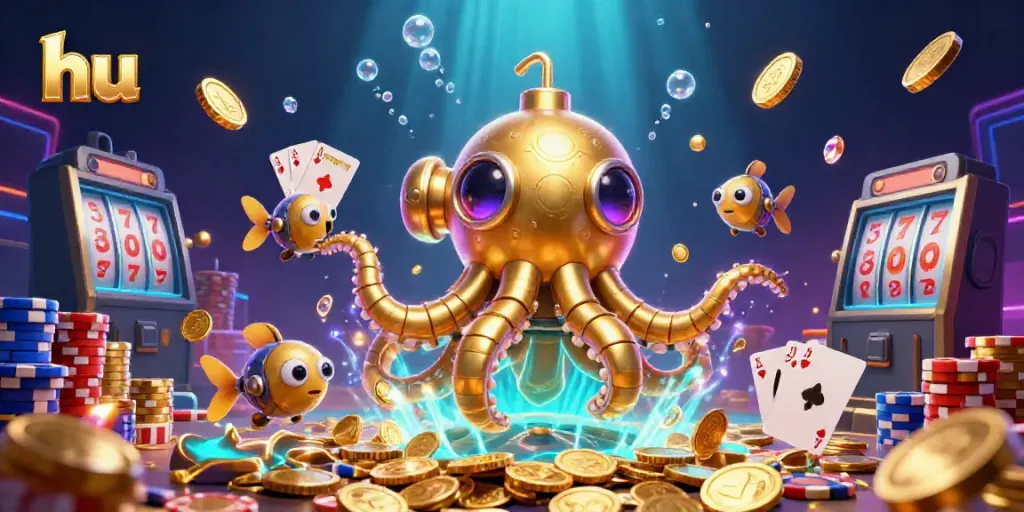 Experience the thrilling world of hu with a golden kraken submarine amidst dazzling casino elements.