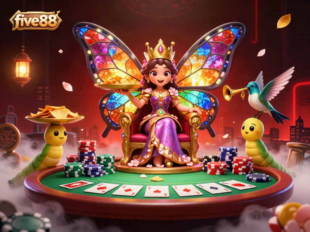 Experience thrilling poker action at five88 with colorful chips and a whimsical butterfly queen amidst a vibrant casino scene.