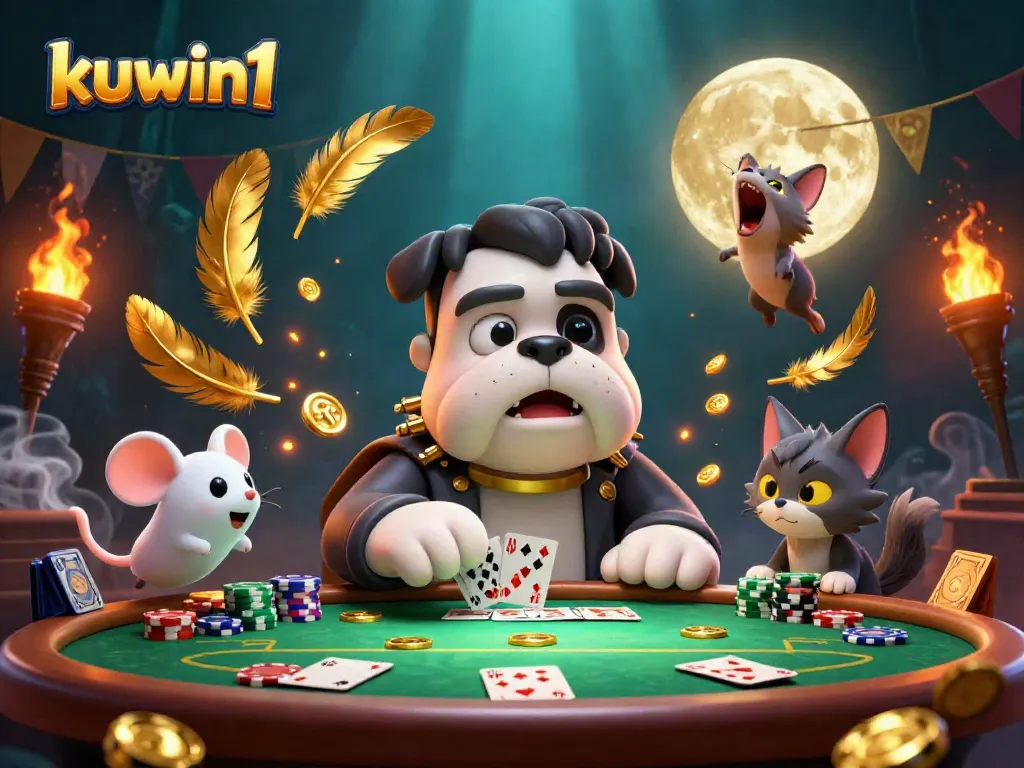 Kuwin1 casino table scene featuring playful characters amidst exciting card games.