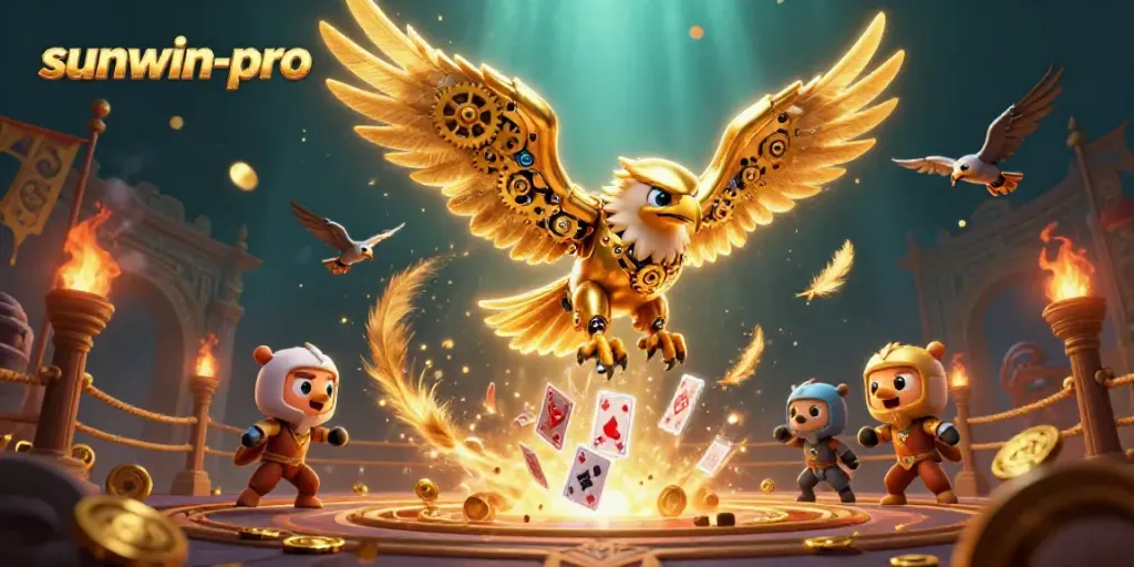 Experience the thrill of sunwin-pro through a dynamic 3D casino illustration featuring an eagle and holographic cards.