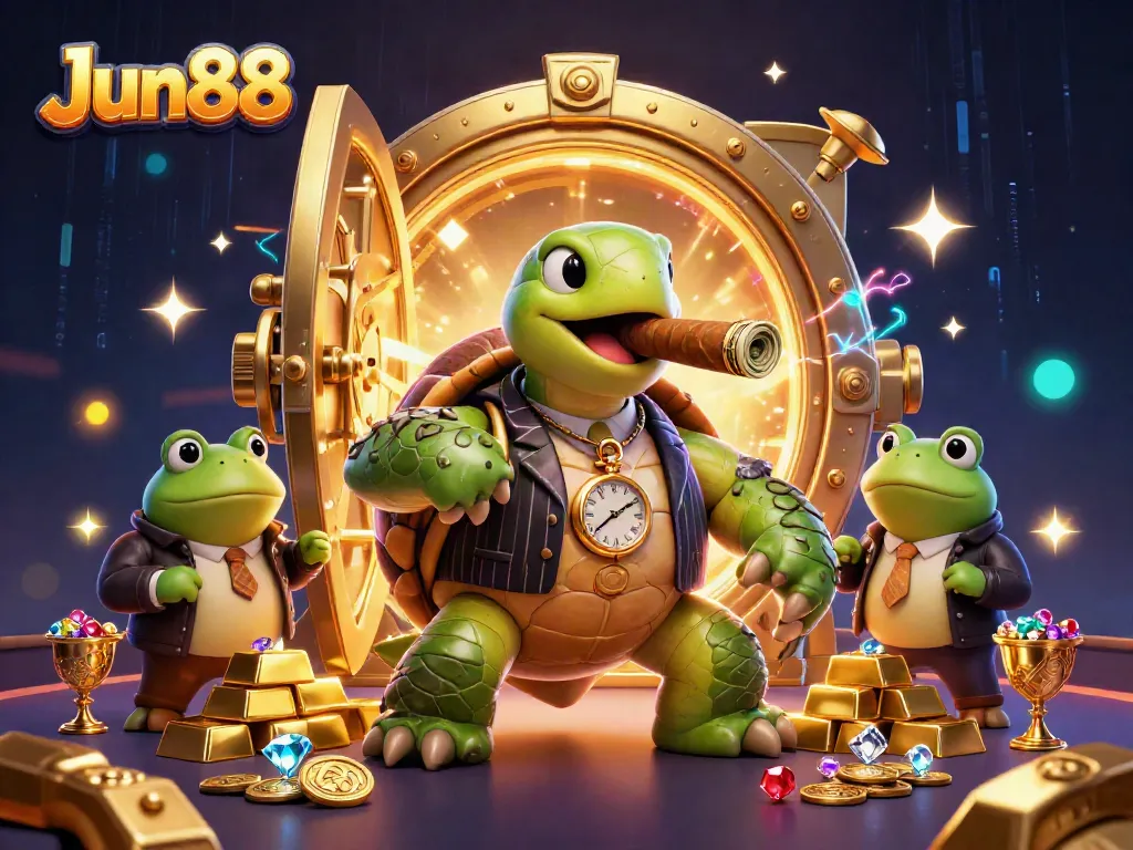 Experience the thrill of Jun88 casino with a cartoon turtle mobster and bullfrog enforcers in a lively setting.