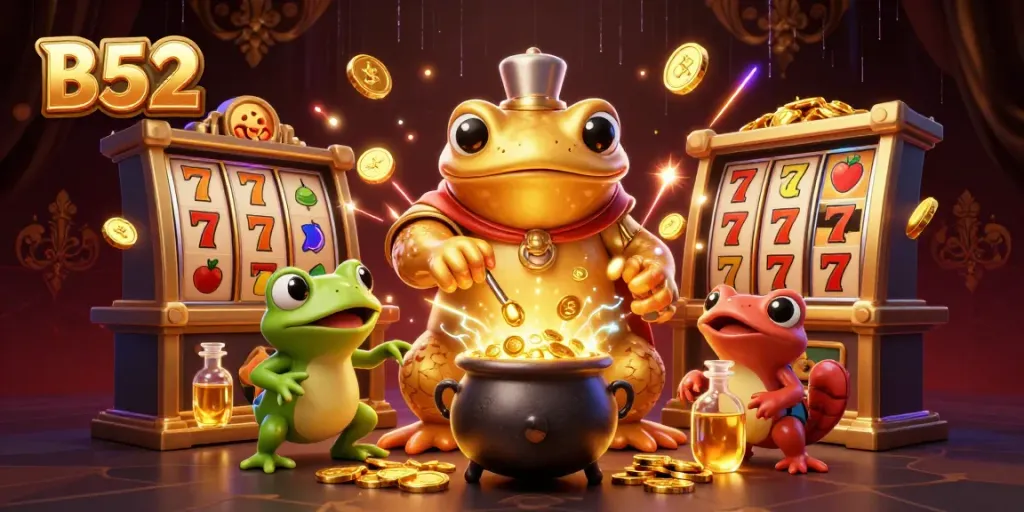 Experience the excitement of B52 casino gaming with dynamic slot reels and vibrant casino characters.