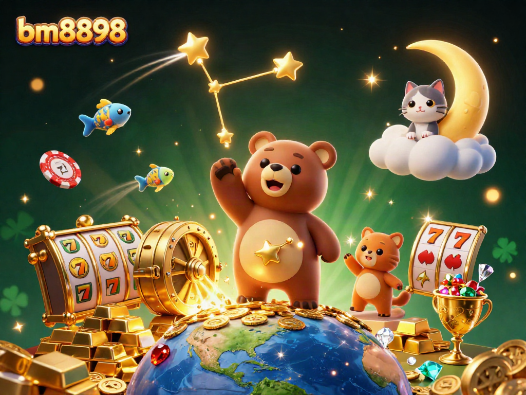 Engage with bm8898 as a constellation-themed bear and friends explore a vibrant casino world.