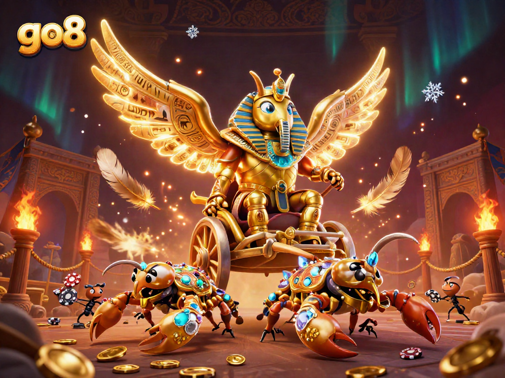 Experience thrilling casino action with go8's epic 3D illustration featuring vibrant characters and elements.