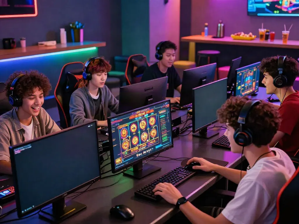 Exciting online gaming experience featuring players strategizing on situs slot777 in a modern lounge.