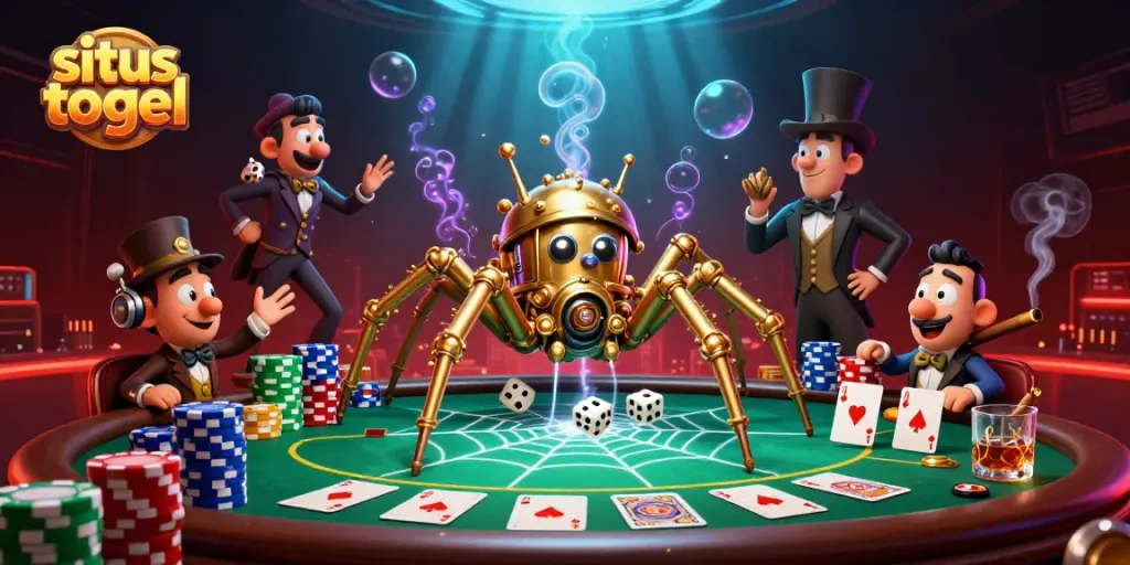 Ilustrasi 3D situs togel dengan laba-laba steampunk dan kartu poker, menghadirkan permainan angka yang menarik.