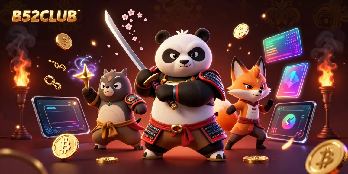 Engage in thrilling gameplay at B52CLUB with samurai panda and ninja fox amid glowing crypto coins.