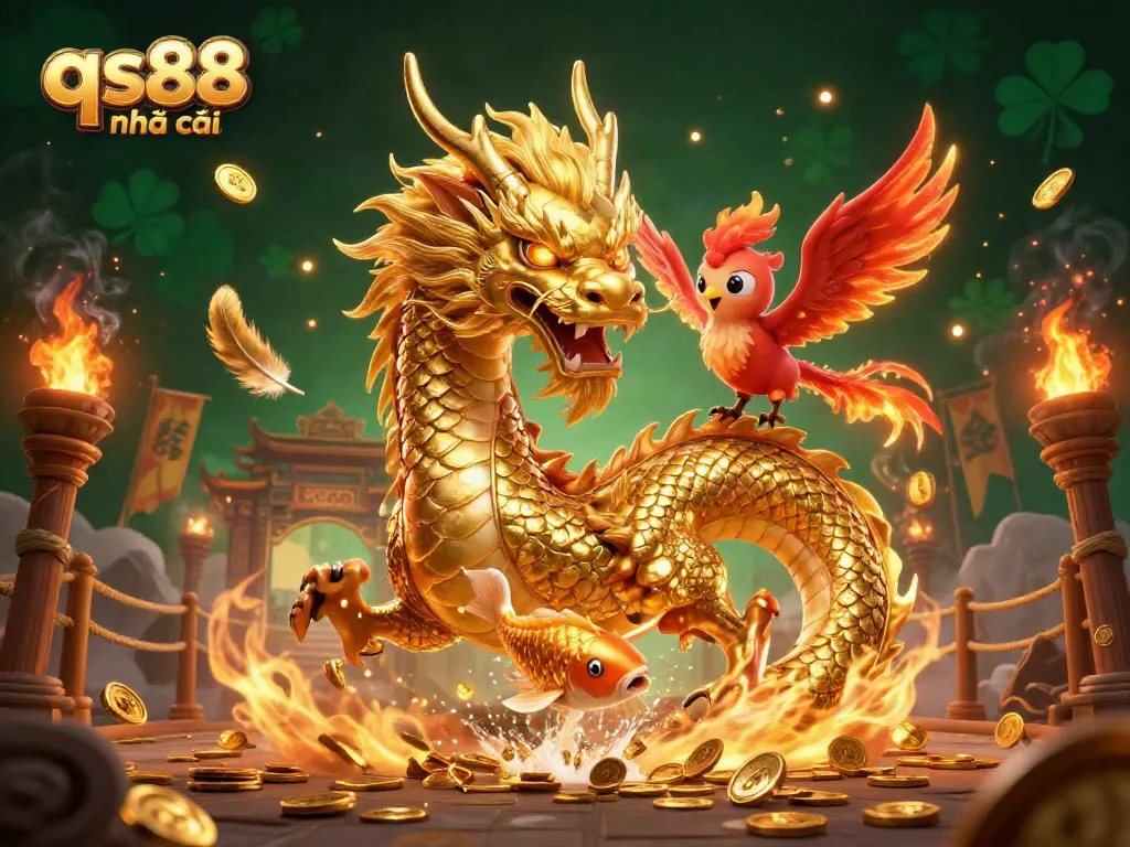 Experience thrilling gaming action with qs88 nhà cái, featuring a golden dragon and phoenix in a dynamic casino scene.