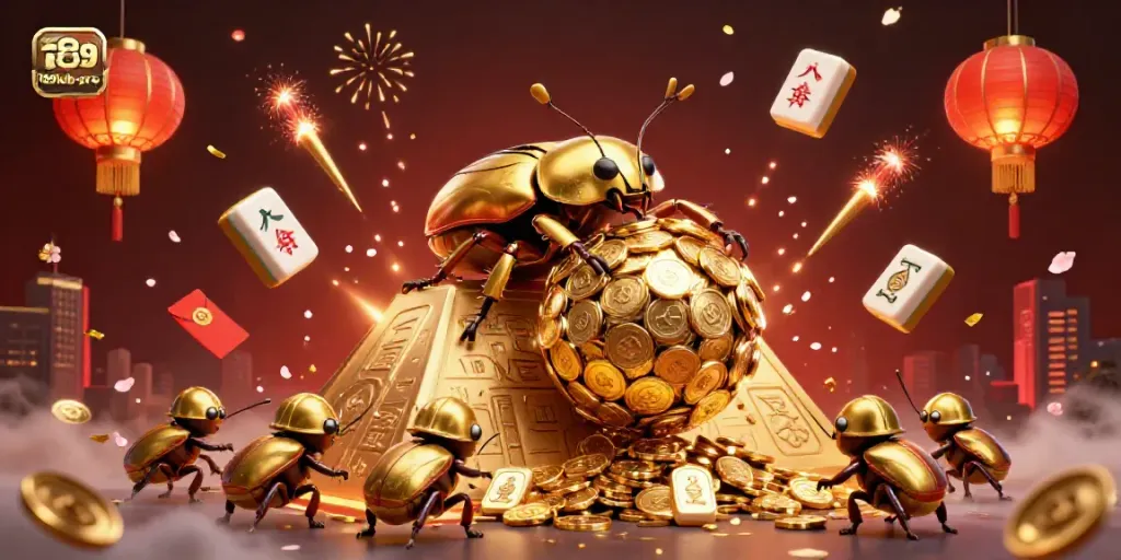 Engage with 789lub-pro as the golden dung beetle rolls coins, celebrating the online casino experience.