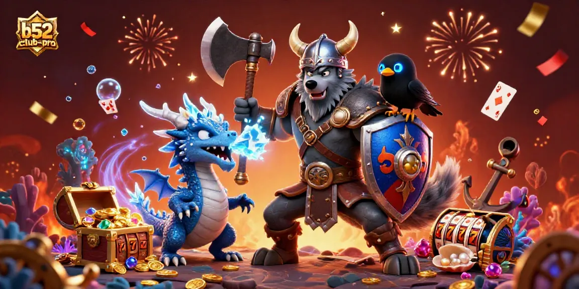 Experience thrilling gameplay with b52club-pro in a vibrant Viking casino scene featuring dragons and treasure.