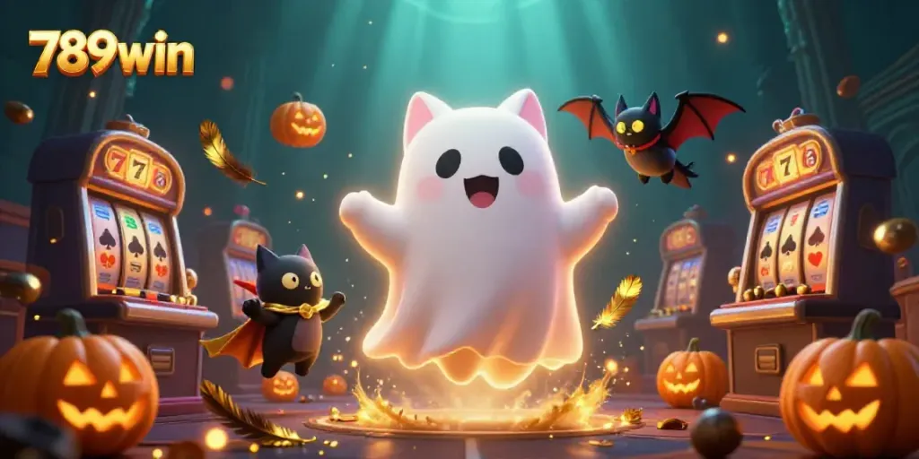 Watch the friendly ghost cat and vampire bat promote 789win in a vibrant haunted casino scene.