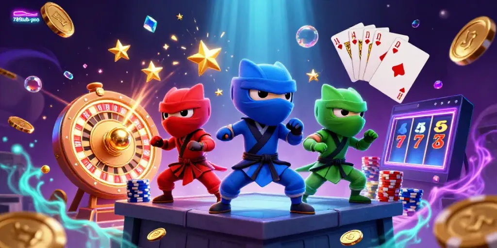 Experience thrilling action with 789lub-pro's vibrant casino-themed illustration featuring ninjas and swirling casino elements.