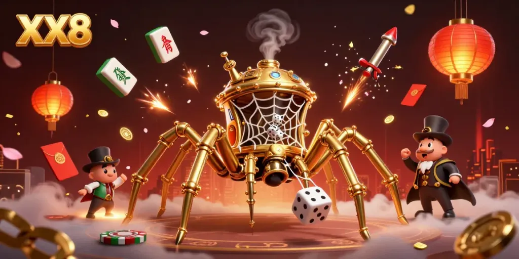 Engage in thrilling actions at XX8 with a steampunk twist in this detailed casino illustration.
