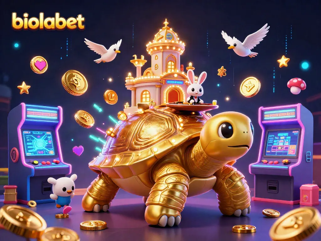 Play slots and win with biolabet in an enchanting casino scene featuring a golden tortoise and vibrant games.