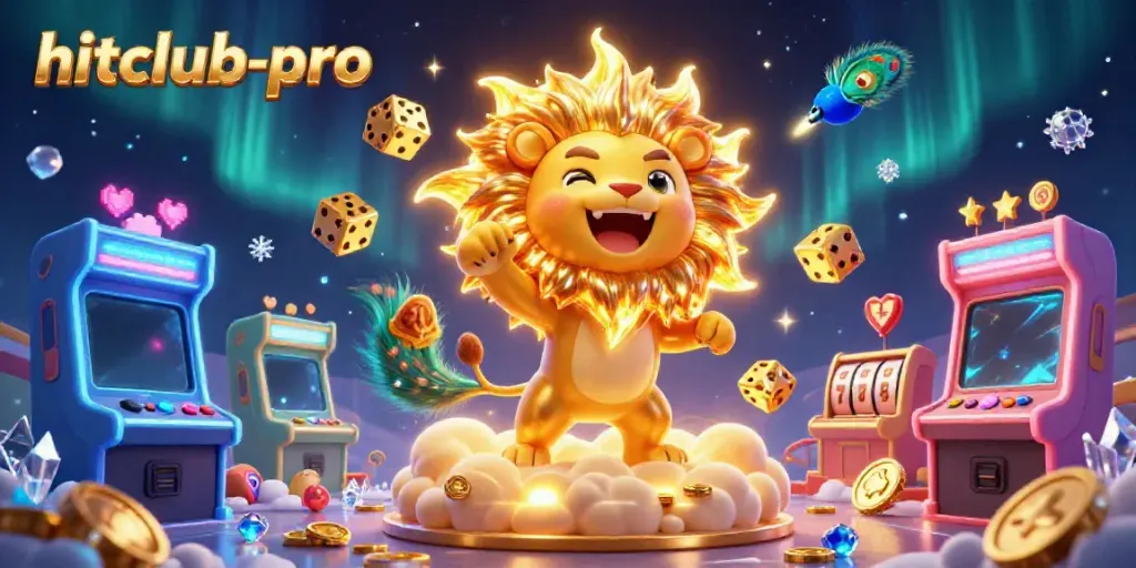 Engage with hitclub-pro's vibrant 3D casino universe featuring a roaring sun lion, golden dice, and enchanting game elements.