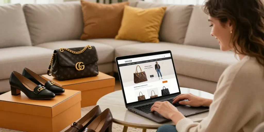 Shopping for luxury replica bags online at PrimeRepShop, showcasing ease and convenience.
