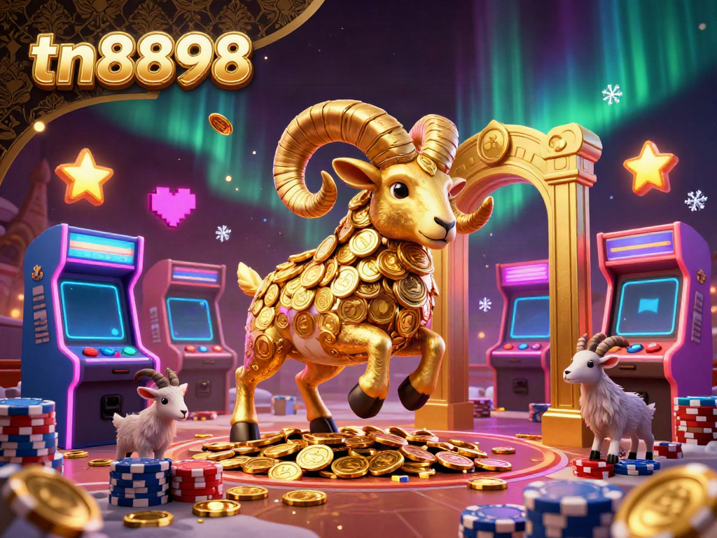 Spin the reels and win big with tn8898's dazzling golden ram mascot amidst casino excitement.