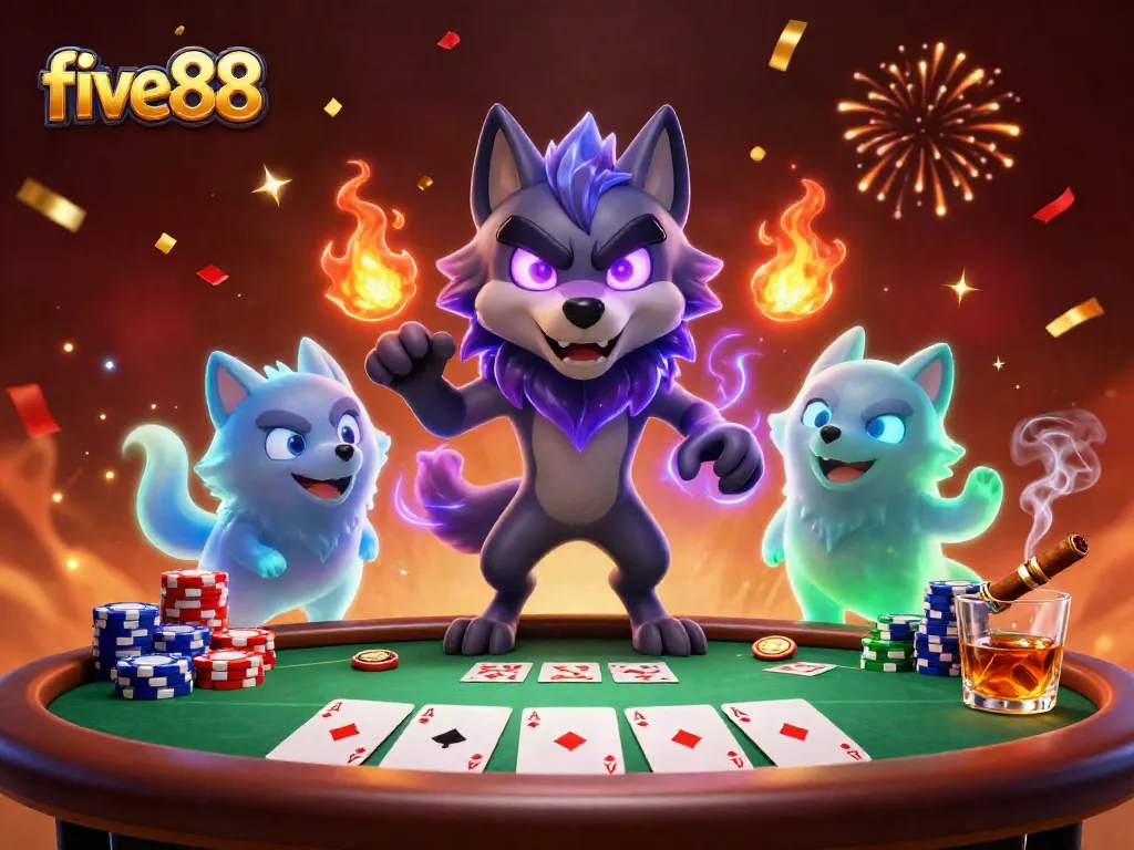 Join the excitement with five88, showcasing dynamic poker tables and luminous wolf spirits!