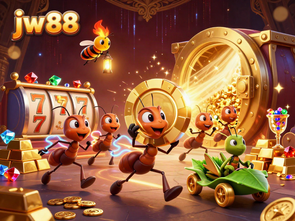 Witness the thrilling heist of jw 88 through dynamic 3D ants and a golden chip in casino style.
