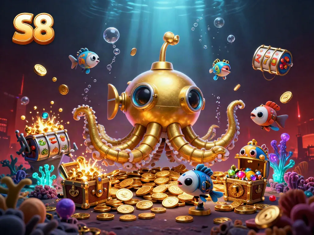 S8 themed digital illustration featuring a golden kraken submarine amidst casino symbols and treasure, capturing excitement.