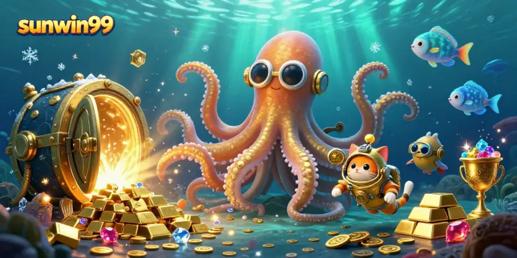 Win big with sunwin99 as a kraken reveals treasures in this vibrant casino-themed illustration.