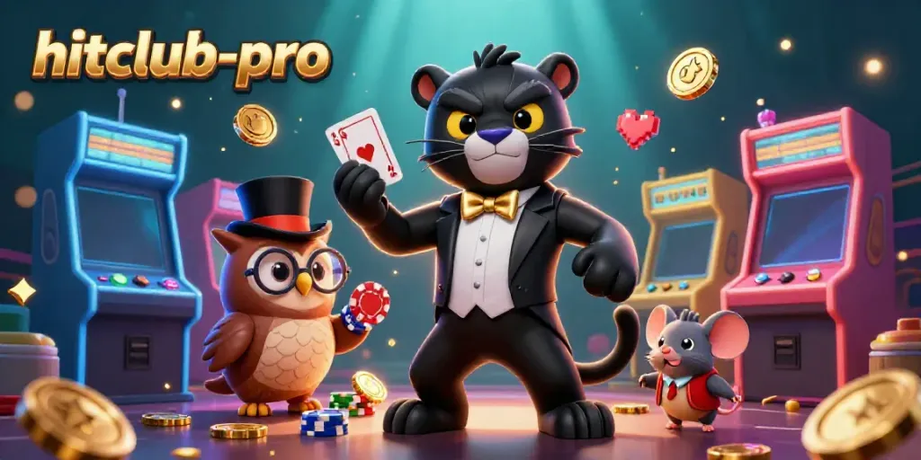 Hitclub-pro characters engage in dynamic card dealing with casino-themed elements surrounding them.