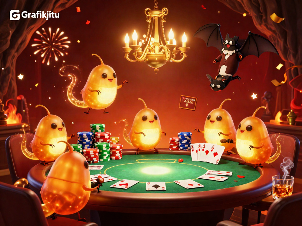 Experience the vibrant Grafikjitu casino with glowing glowworms lighting up the poker table.