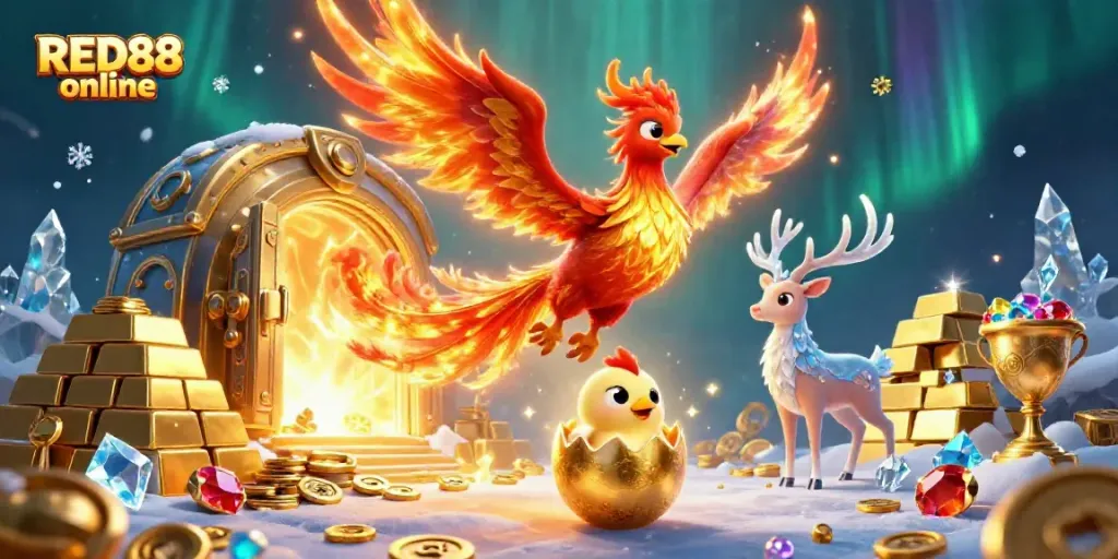 Engage with the thrill of RED88 online casino gaming featuring vibrant phoenix and treasure.