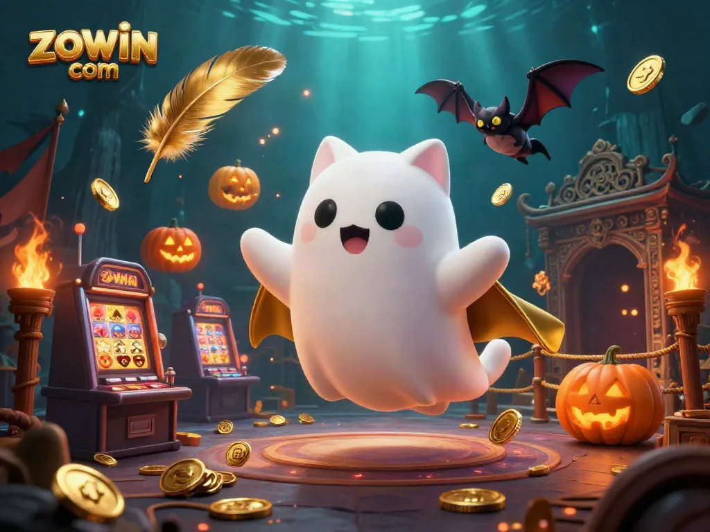 Experience thrilling gameplay at zowin com with a ghost cat and vampire bat in a haunted casino.