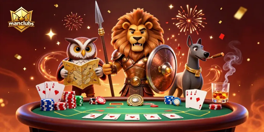Experience thrilling poker action with manclubs featuring heroic characters and vibrant casino elements.