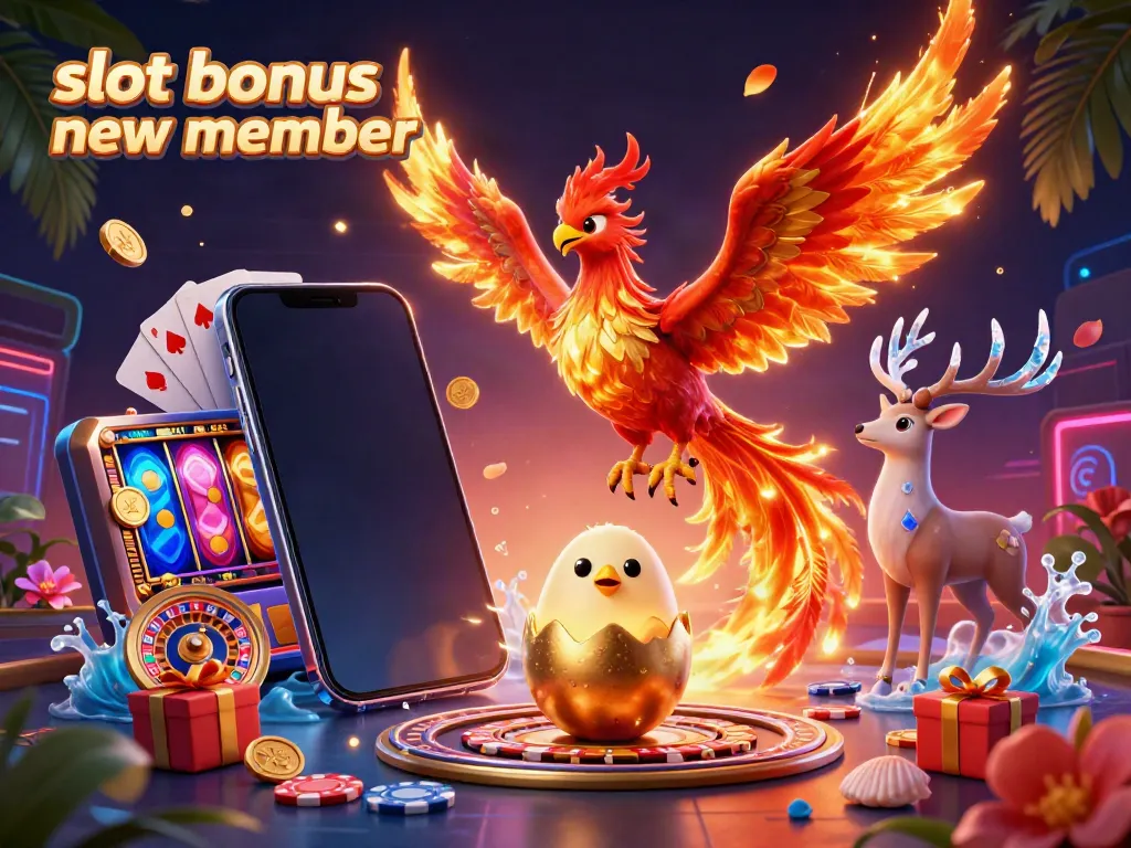 Engage in gaming excitement with a slot bonus new member scene, featuring a phoenix and rich casino elements.