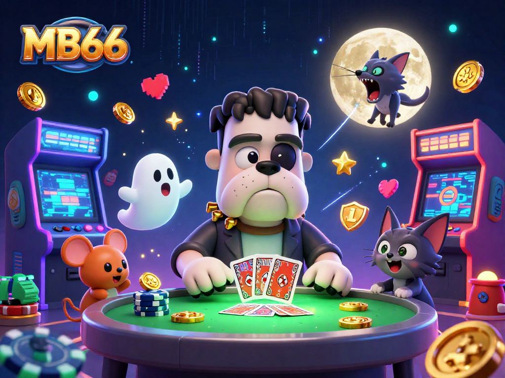 Engage in thrilling card games at MB66 with a spooky 3D casino scene featuring unique characters.