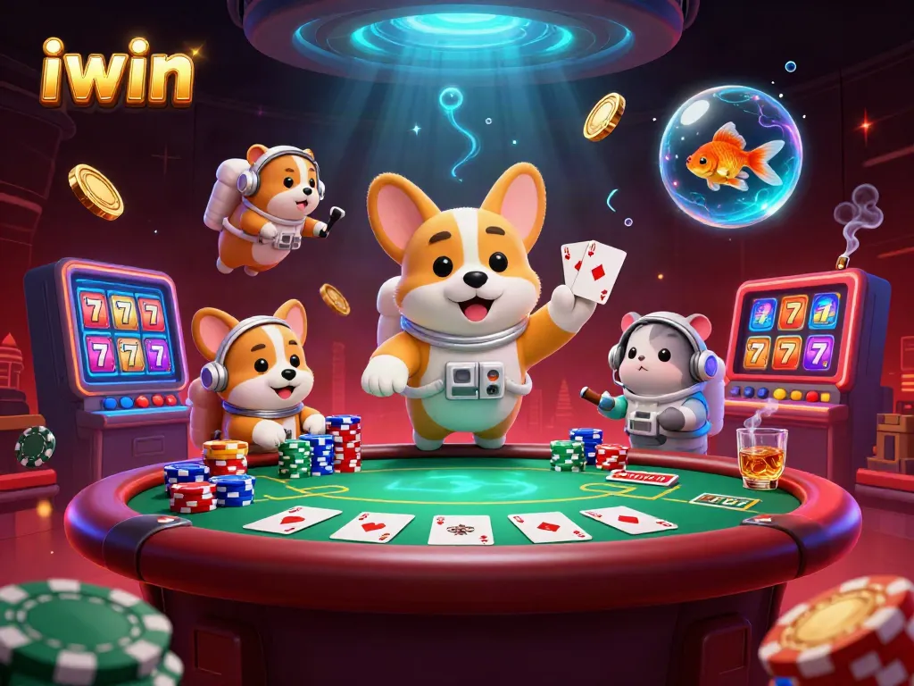 Engage in thrilling iwin casino adventures with a floating astronaut corgi, poker elements, and vibrant gaming visuals.