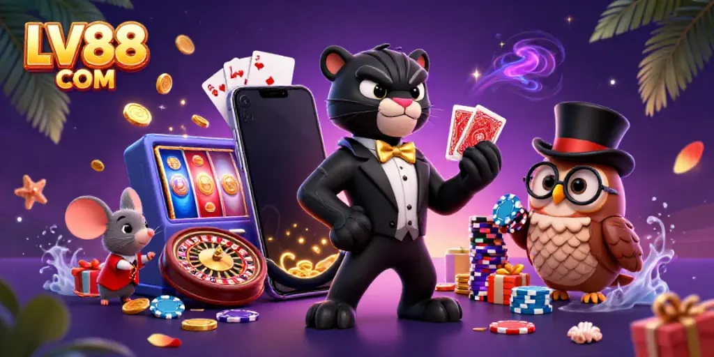 Engaging scene with stylish LV88 COM characters dealing cards and enjoying casino games, featuring vibrant slots, poker chips, and more.