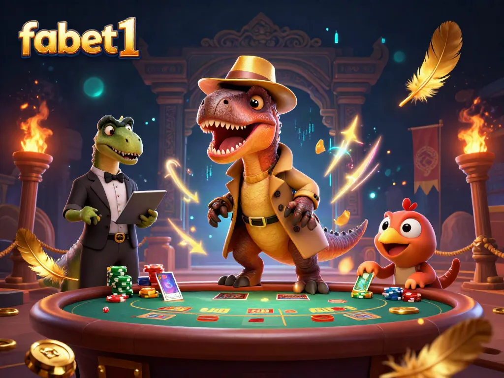 fabet1 features a velociraptor card counter and stegosaurus pit boss in a dynamic casino scene.