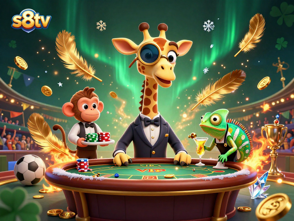 Bet on exciting sports events with s8tv's high-energy 3D depiction of a giraffe and friends.