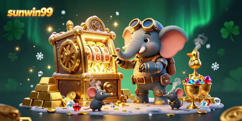 Experience thrilling wins at sunwin99 with a dynamic steampunk casino illustration full of treasures.