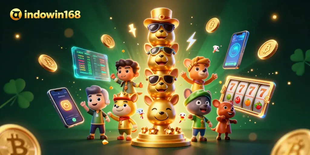 Play exciting casino games at indowin168 with vibrant slot reels and glowing cryptocurrencies
