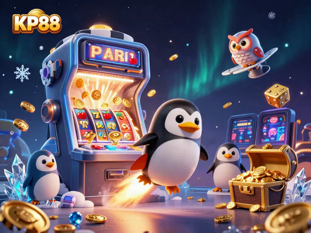 Engage with KP88's dynamic gaming experience, featuring a golden penguin and casino elements.