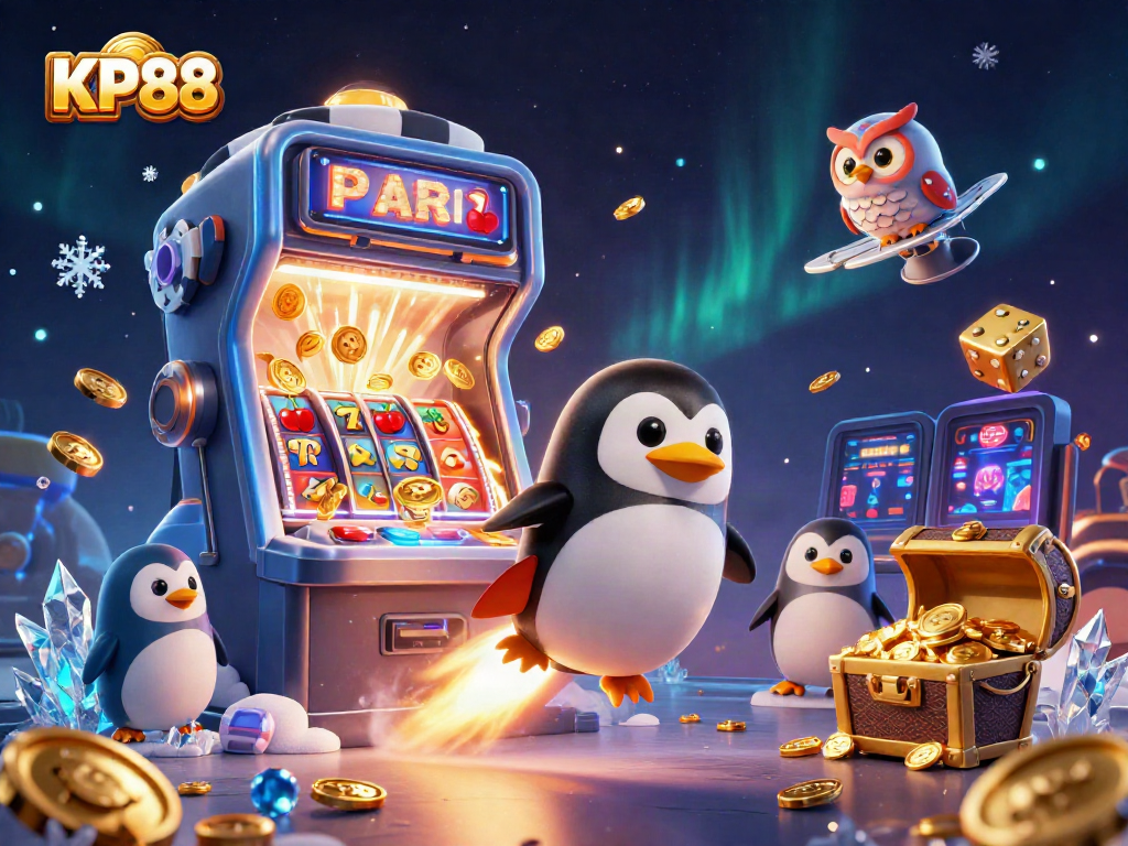 Engage with KP88's dynamic gaming experience, featuring a golden penguin and casino elements.