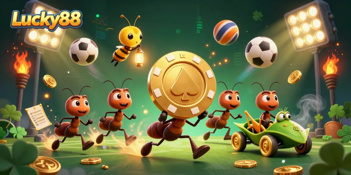 Experience thrilling action with Lucky88 as a cartoon heist team carries a giant poker chip amidst a dynamic casino-themed scene.