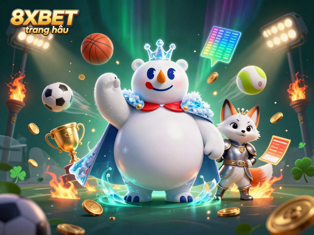 Dynamic sports betting scene featuring the 8XBET trang chủ branding, showcasing 3D cartoon characters and vibrant sports elements.