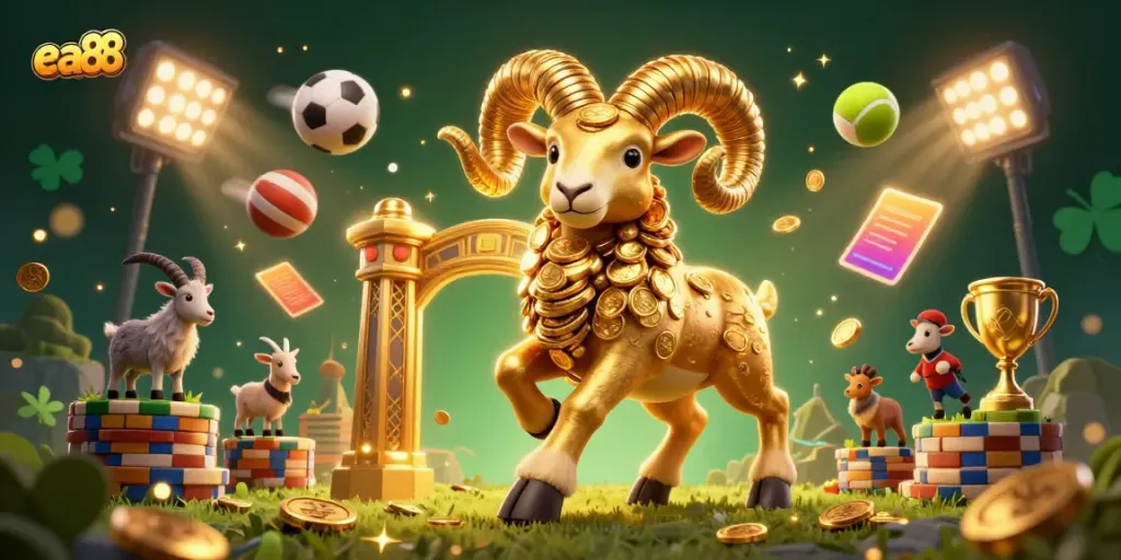 Place your bets with ea88 while watching the golden ram charge through a vibrant casino scene.