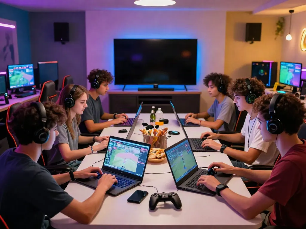 Kilat404 gaming lounge with friends enjoying multiplayer games and a lively atmosphere.