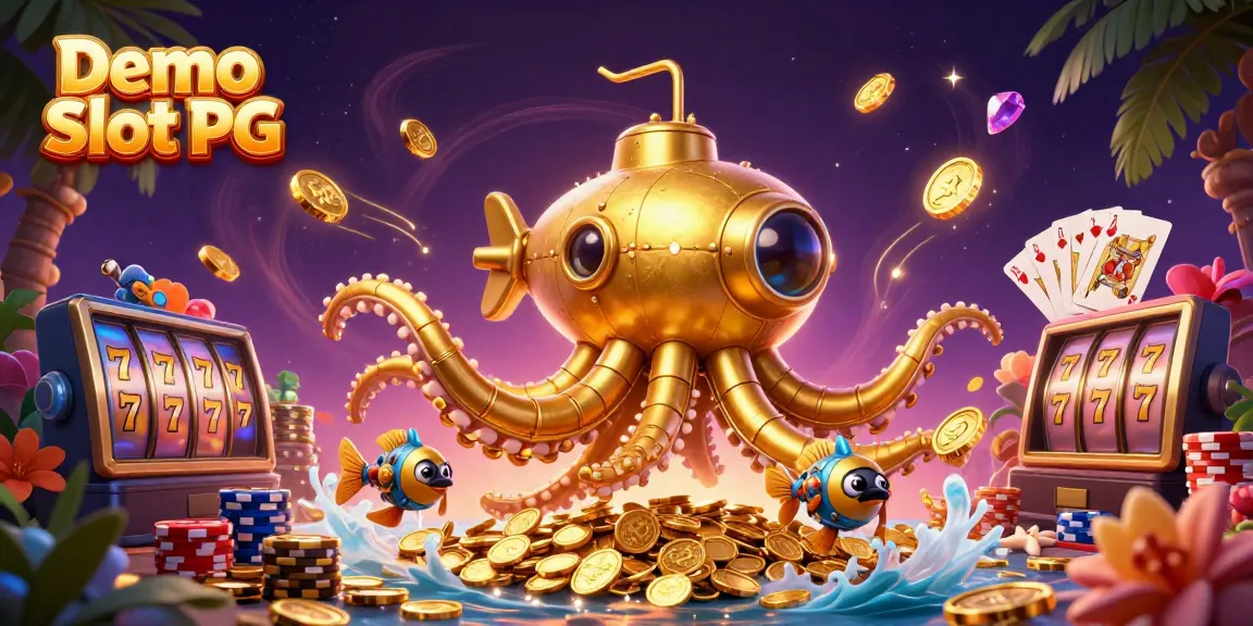 Experience the magic of Demo Slot PG with a golden kraken submarine amidst colorful slots and coins.