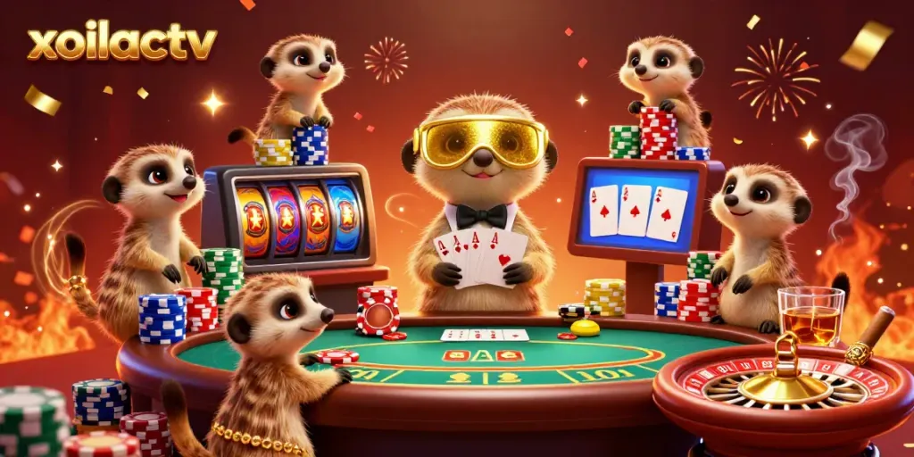Xoilactv showcases meerkats managing a vibrant live casino scene with colorful poker elements.