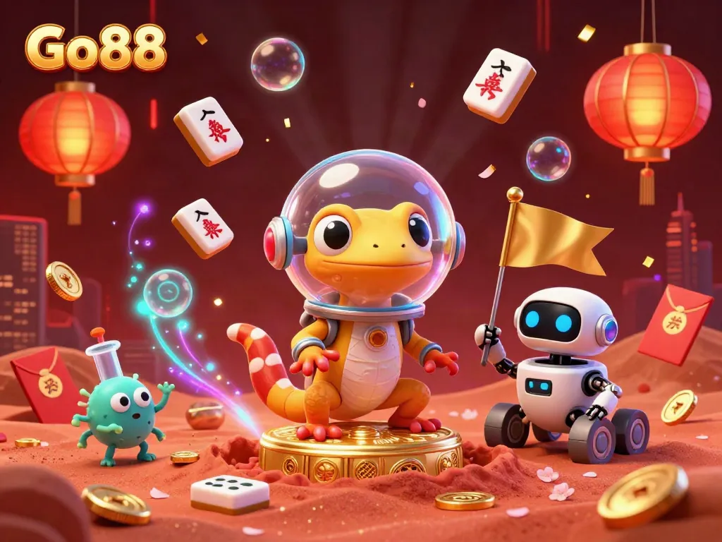 Experience Go88's thrilling gaming atmosphere with a vibrant 3D Martian casino adventure illustration.