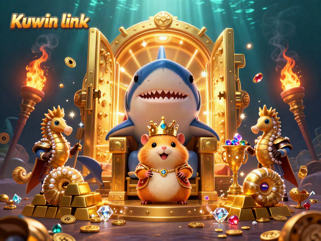 Experience the excitement of Kuwin link with a vibrant underwater casino scene featuring unique characters and treasure.